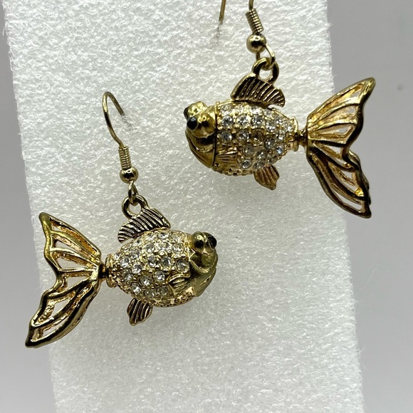 Gold Tone Crystal Fish Earrings with Whimsical Design 3 D Hook Earrings - Picture 1 of 10